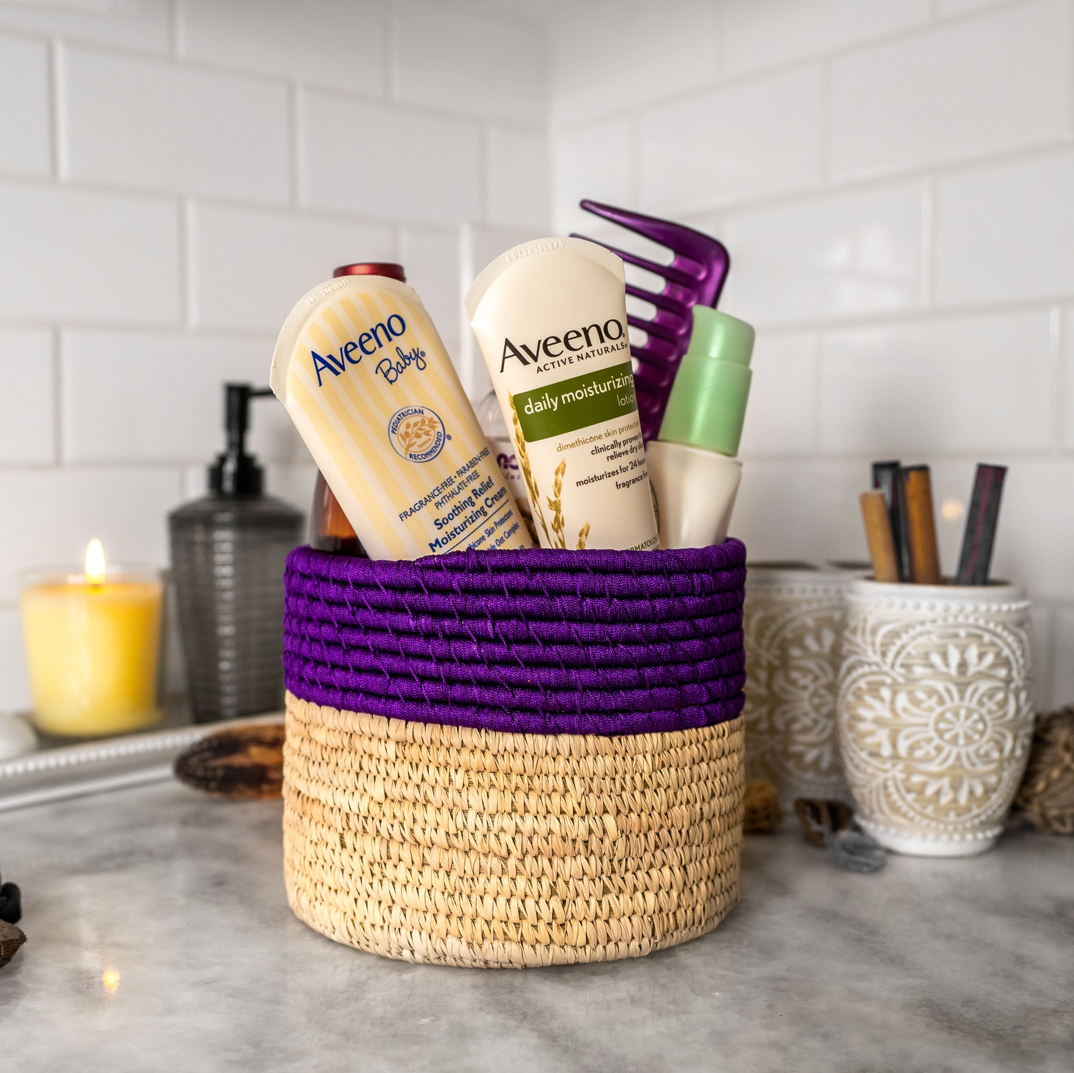 Natural Silk Purple Handwoven Round Storage Basket
