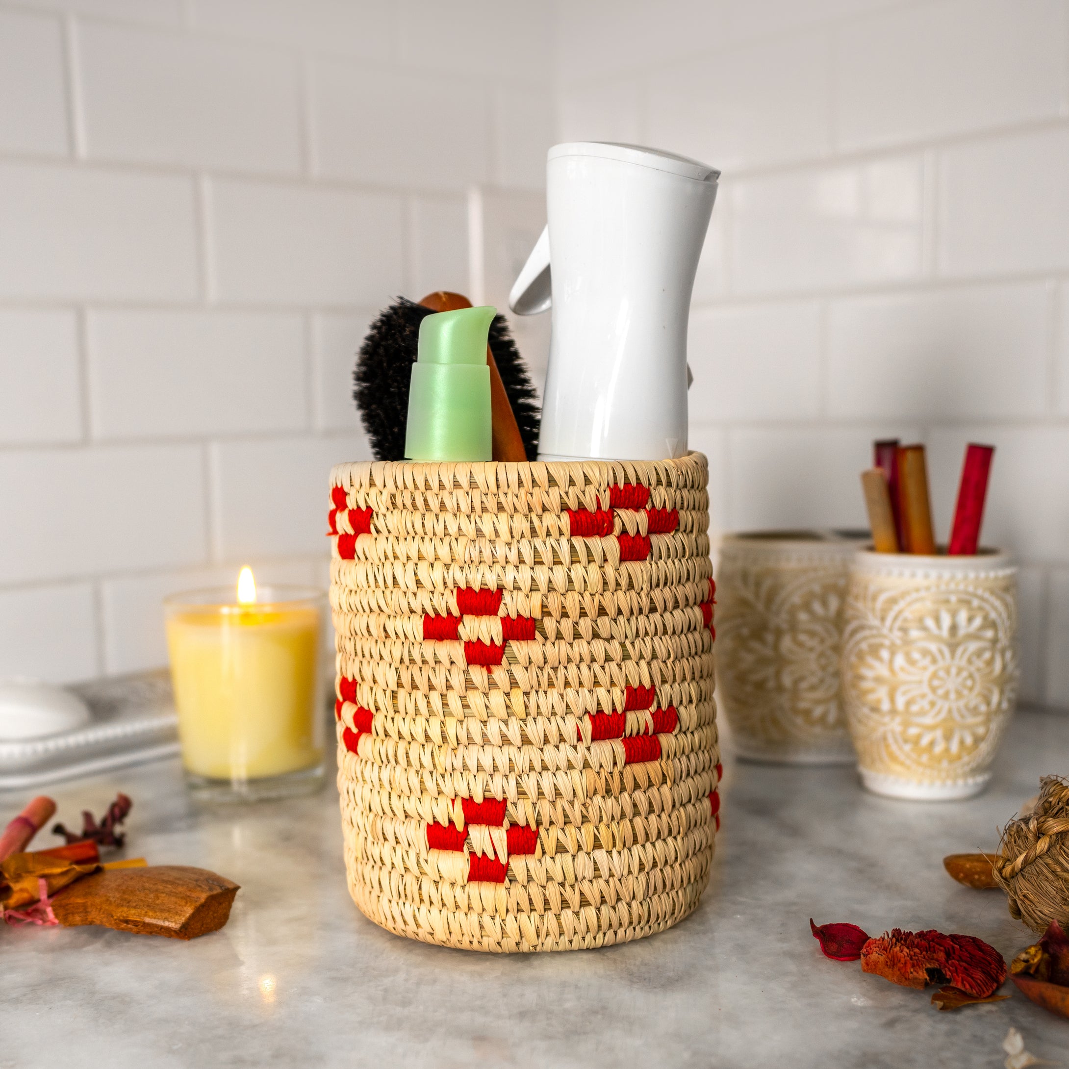 Red silk Motif Handwoven Round Storage