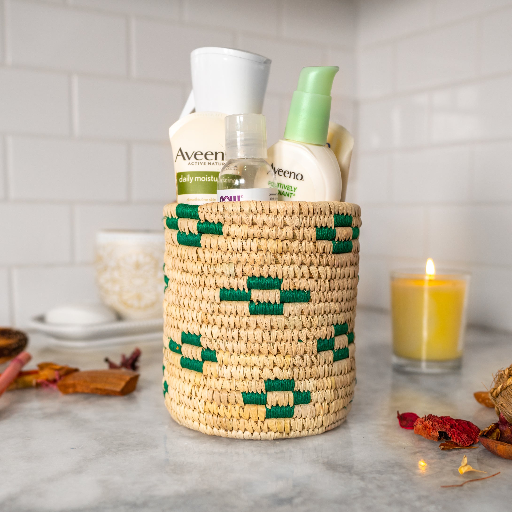 Green Motif Handwoven Natural Round Basket
